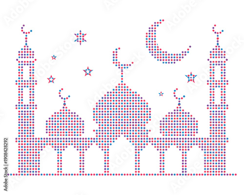 Islamic mosque with crescent moon and stars made of colorful dots on transparent background abstract mosaic art style suitable for ramadan celebration