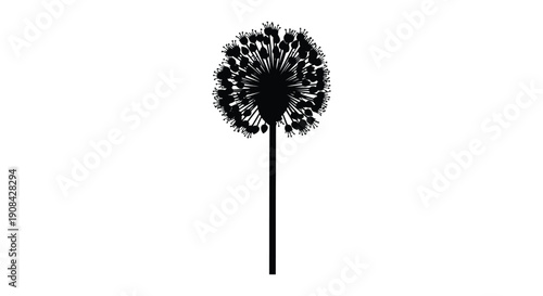 A striking black and white silhouette depicts a fully bloomed dandelion seed head on a slender stem