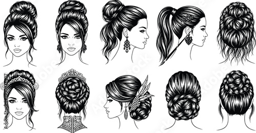 Vector Illustration Set of Elegant Women Hairstyles Including Bridal Updos Messy Bun Ponytail and Braided Hair Outlines for Beauty Salon Fashion and Wedding Design (24 words)