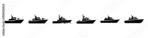 Vector set illustration of patrol boat icons. Simple transport silhouette icon design collection.