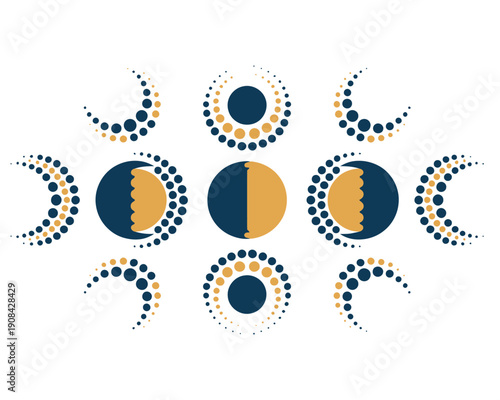 Moon phases and celestial bodies collection made of dots and circles on transparent background in dark blue and yellow colors abstract astronomy