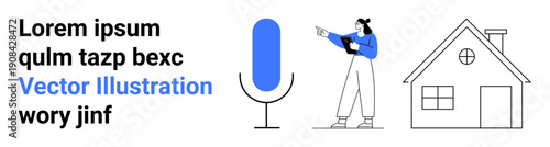 Microphone, woman gesturing, minimal house outline, and placeholder text. Ideal for smart home, voice control, technology, remote work, minimalism interaction simple landing page