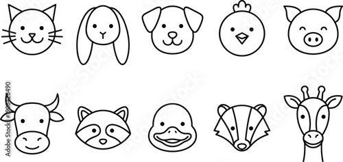 Linear vector icon set for cute animals and pet faces featuring cats rabbits dogs chickens pigs cows raccoons ducks badgers and giraffe head symbols