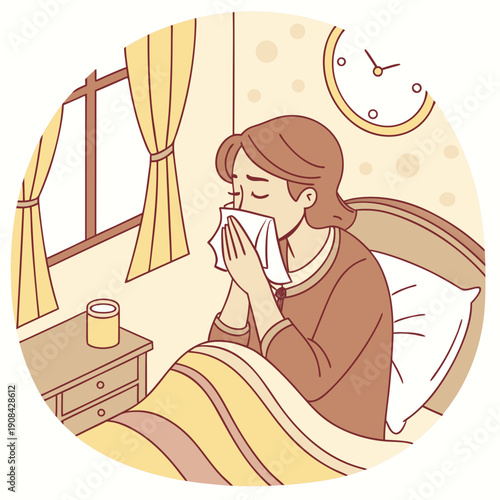 Woman sitting in bed blowing nose into tissue sick
