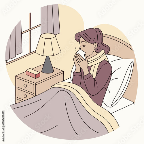 Woman sitting in bed blowing nose with tissue next to nightstand and window