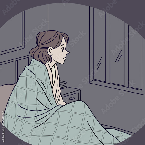 Woman sitting in bed with runny nose looking out window
