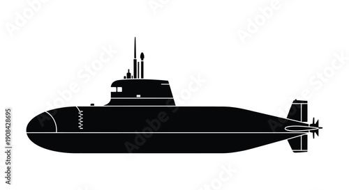 A striking black silhouette depicts a modern submarine viewed from the side showcasing naval technology silhouette high quality
