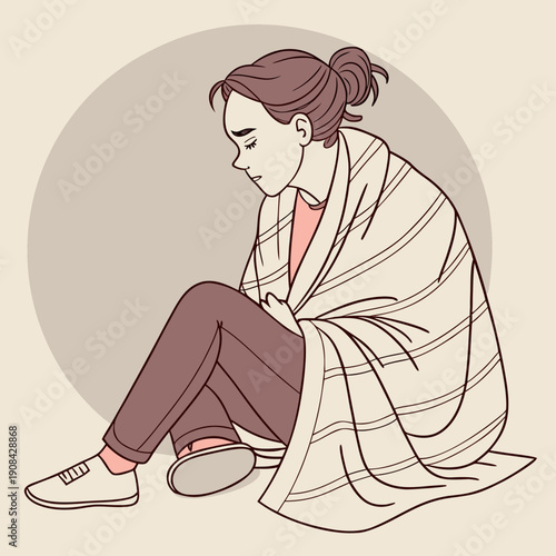 Woman sitting under blanket with head down cold
