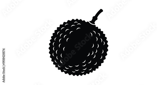 A stark black and white illustration depicts a single durian fruit showcasing its distinctive spiky exterior and stem high quality