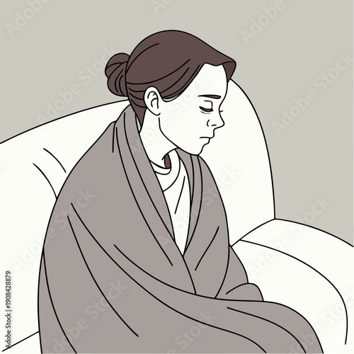 Woman sitting on couch wrapped in blanket looking unwell