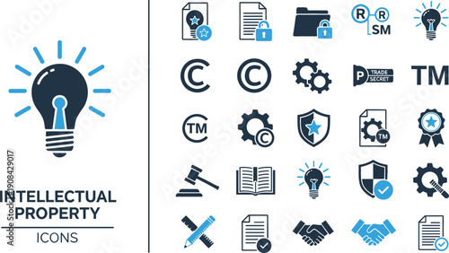 Intellectual property icon set featuring patent copyright trademark registered symbols legal protection idea bulbs and contract vector graphic elements