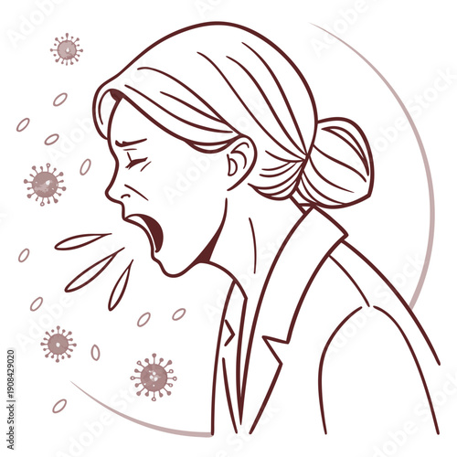 Woman sneezing with virus particles around her head