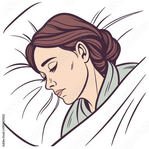 Woman with brown hair sleeping under white blanket with runny nose