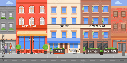 Colorful pixel art illustration of a quaint city street with shops