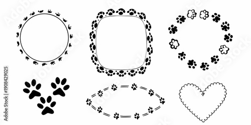 Black and white paw print frames and shapes with a heart design