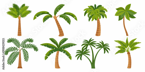 Collection of vibrant cartoon style palm trees against a white background