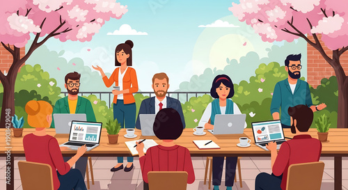 Dynamic outdoor team meeting with diverse professionals fostering innovation and collaboration in a refreshing spring environment, emphasizing flexible work and productive brainstorming sessions