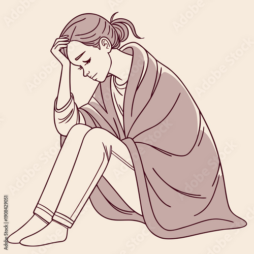 Young woman sitting wrapped in blanket looking exhausted