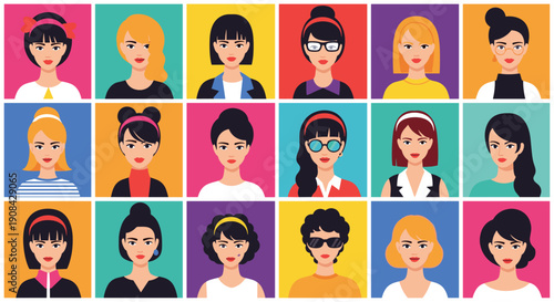 Diverse collection of eighteen female avatars with different hairstyles glasses and facial features presented in colorful square frames.