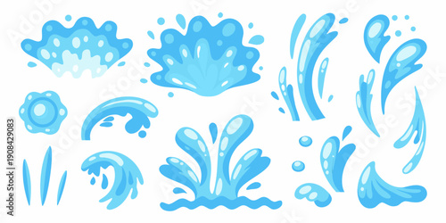 Collection of cartoon water splashes and droplets in various shapes