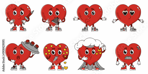 Cartoon hearts displaying various emotions and gestures in a row
