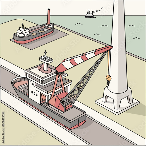 Industrial vessel installing offshore wind turbine with crane