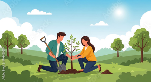 Vibrant illustration of a dedicated couple collaboratively planting a young tree in a lush green landscape under a sunny sky, symbolizing environmental stewardship, growth, and a sustainable future