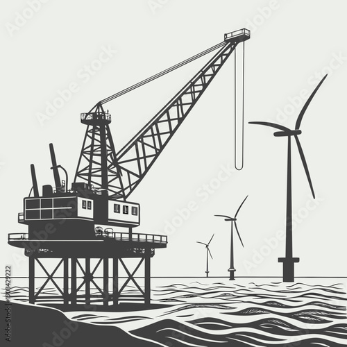 Offshore wind farm construction with crane and turbines