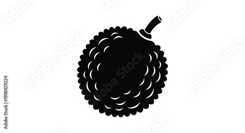 A stark black silhouette depicts a durian fruit showcasing its distinctive spiky exterior and stem high quality professional