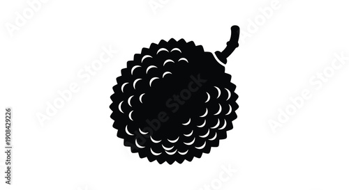A stark black silhouette depicts a durian fruit showcasing its distinctive spiky exterior and stem high quality professional