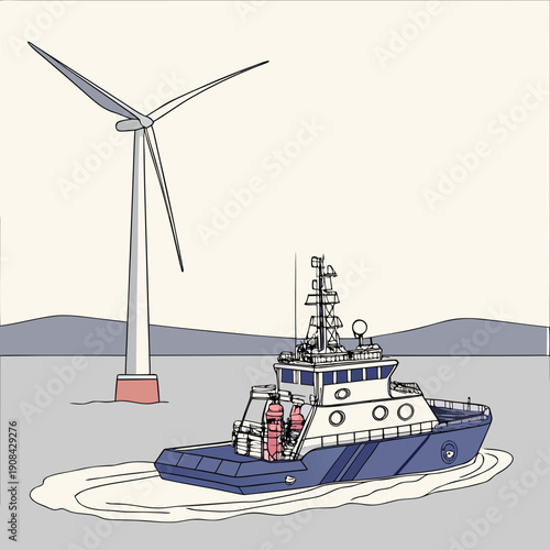 Offshore wind farm maintenance vessel approaching turbine