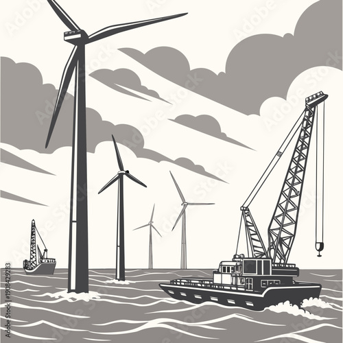 Offshore wind farm installation with crane boat wind turbines