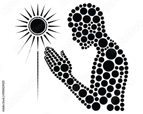 Silhouette of man praying under sun rays made of black dots for spiritual reflection and religious devotion conceptual illustration and design