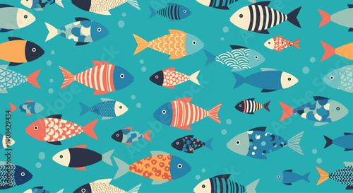 Seamless pattern featuring a variety of colorful and patterned fish swimming in a teal ocean with small air bubbles.