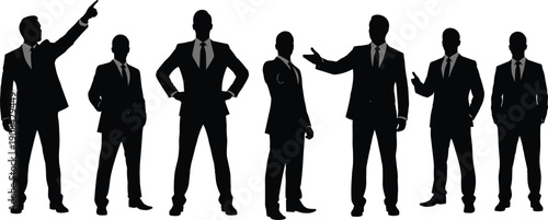 Businessmen silhouettes set leadership teamwork corporate success professional men poses black vector illustration