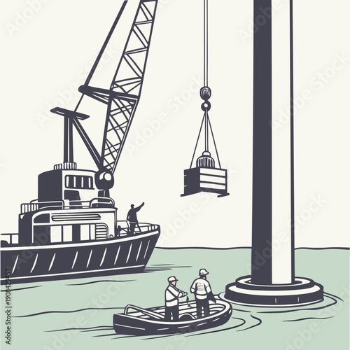 Offshore wind turbine nacelle being lifted by crane 1