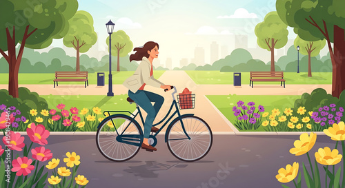 A Woman Rides a Bicycle Through a Park with Flowers and Trees