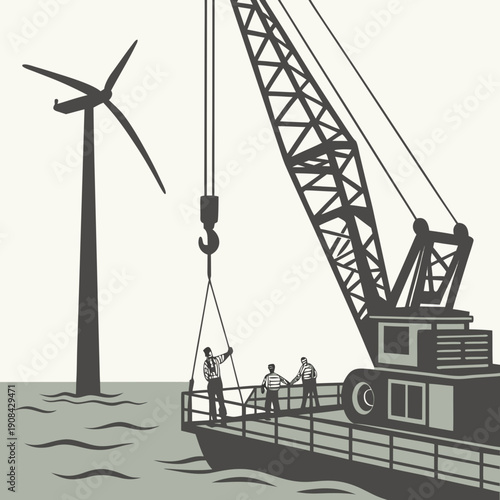 Offshore wind turbine nacelle being lifted by crane