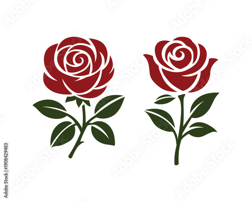 Elegant red rose vector illustrations with green leaves, perfect for logos, stickers, prints, and romantic floral designs.