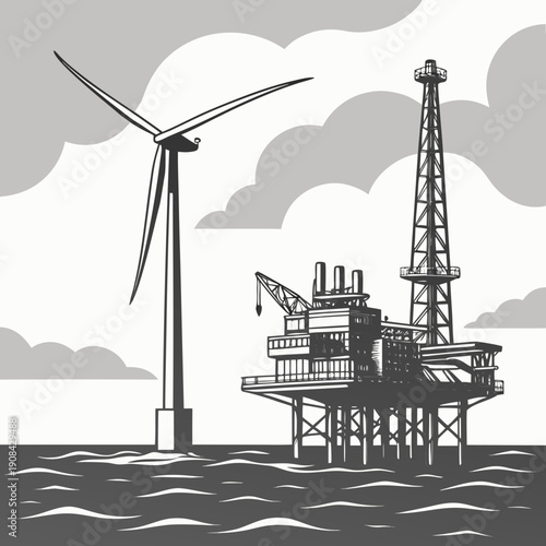 Offshore wind turbine next to oil rig platform industrial