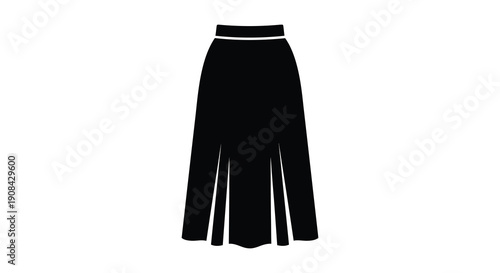 A simple flat black silhouette of a knee length skirt with a defined waistband and flared shape high quality