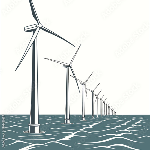 Offshore wind turbines in a line across ocean water