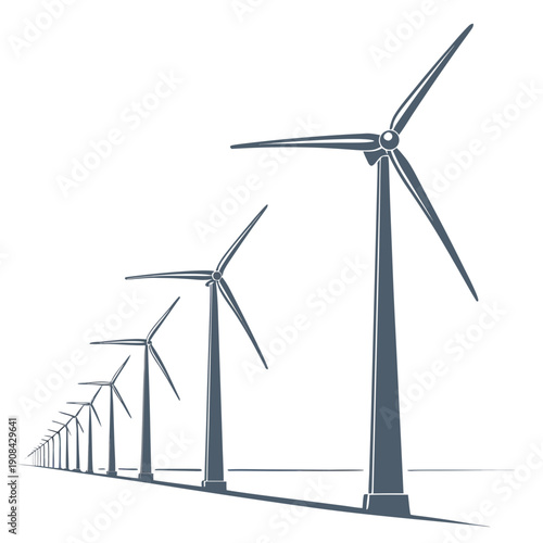 Offshore wind turbines in a row with subtle depth and perspective