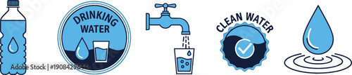 Clean water and sanitation icon set featuring drinking water bottles taps droplets purification seals and hygiene vector graphic elements