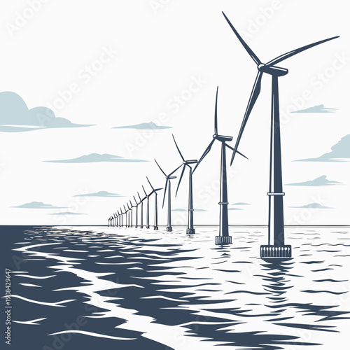 Offshore wind turbines in ocean with wavy water and cloudy sky
