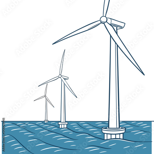 Offshore wind turbines in ocean water with waves offshore wind farm