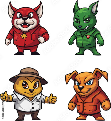 Cute animal mascot characters set cartoon dog fox hero villain game character vector illustration