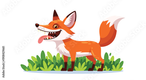 Cheerful cartoon fox with a big smile and its tongue out standing in green grass against a plain white background.