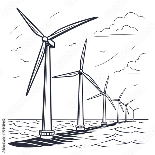 Offshore wind turbines in the ocean with clouds and birds