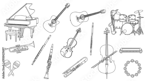 Collection of various musical instruments in line art style